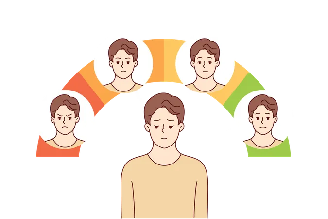 Young man with impostor syndrome feels drop in mood when standing near emotion scale  Illustration