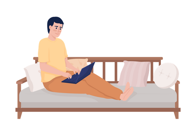 Young man with laptop sitting on couch comfortably  Illustration