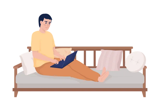 Young Man With Laptop Sitting On Couch Comfortably Semi Flat Color Vector Character Editable Figure Full Body Person On White Simple Cartoon Style Illustration For Web Graphic Design And Animation Illustration