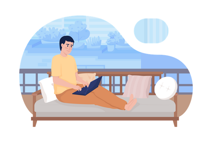 Young man with laptop sitting on couch comfortably Illustration