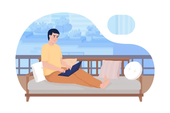 Young man with laptop sitting on couch comfortably  Illustration