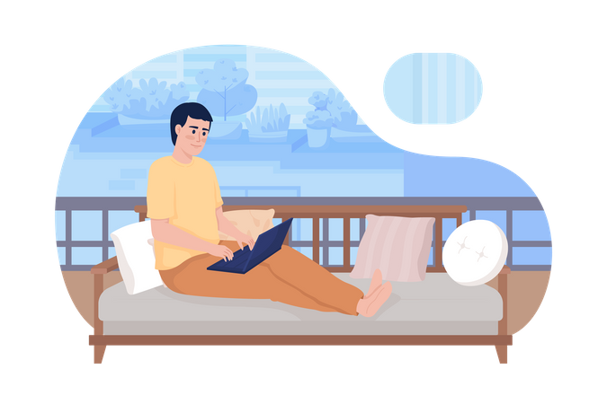Young man with laptop sitting on couch comfortably  イラスト
