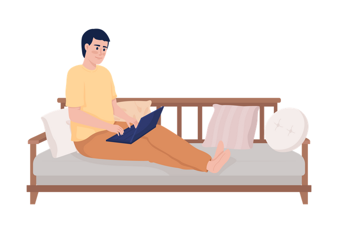 Young man with laptop sitting on couch comfortably  イラスト