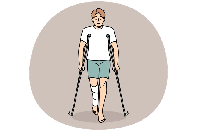 Young man with leg injury walk on crutches  Illustration