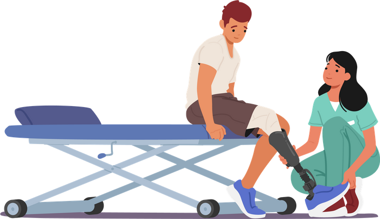 Young man with leg prosthesis undergoes rehabilitation  Illustration