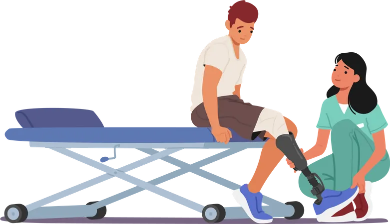 Young man with leg prosthesis undergoes rehabilitation  Illustration