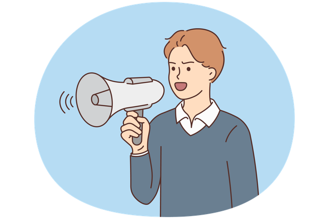 Young man with loudspeaker scream on protest or demonstration.  Illustration