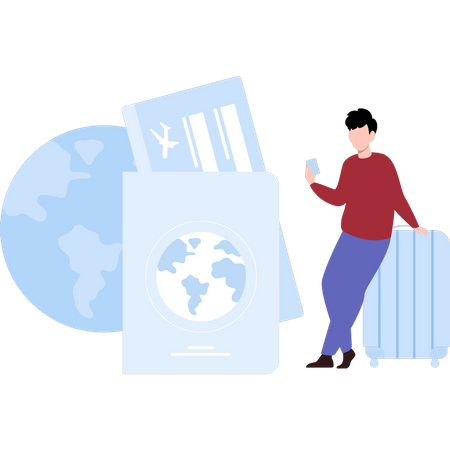 Young man with luggage bags and flight ticket Illustration
