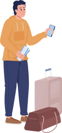 Young man with luggage bags and flight ticket  Illustration