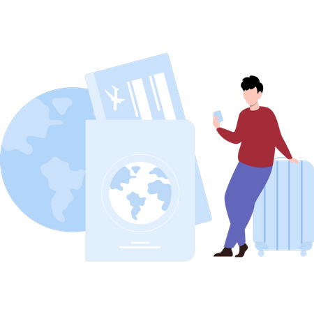 Young man with luggage bags and flight ticket  Illustration