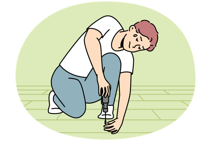 ドライバーを持った若い男性が家に寄木細工の床を敷く  イラスト