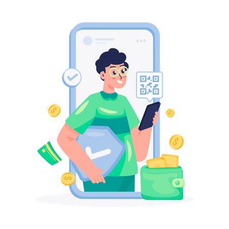 Young man with Secure digital payment application  Illustration