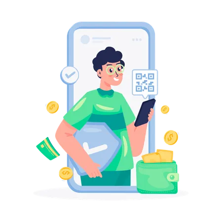 Young man with Secure digital payment application  Illustration