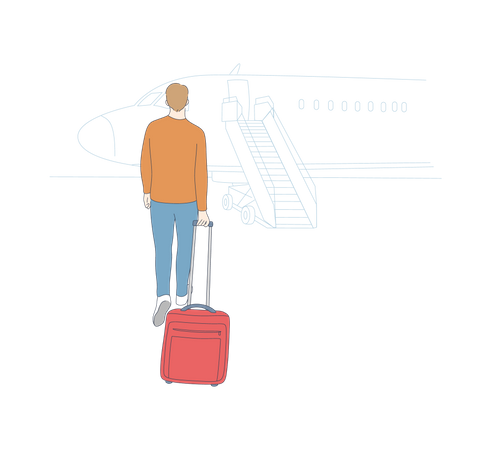 Young man with suitcase walking backwards going to plane and feeling scared to fly  イラスト