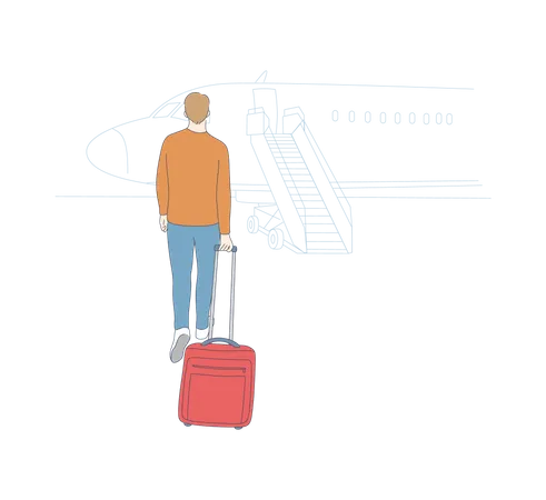 Young man with suitcase walking backwards going to plane and feeling scared to fly  Illustration