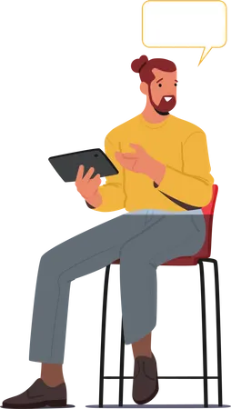 Young Man with Tablet in Hands Sit on High Chair in Office Illustration