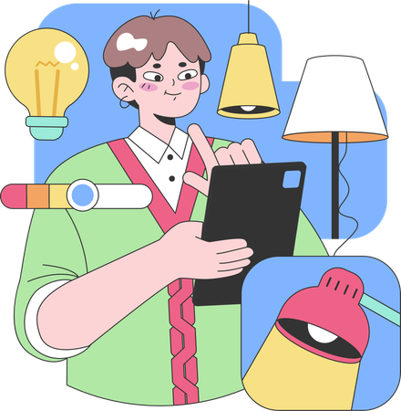 Young man with tablet surrounded by illuminated light bulbs  Illustration