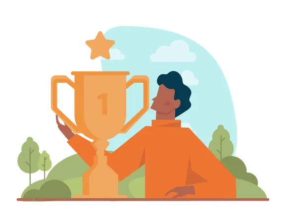 Young man with trophy cup  Illustration