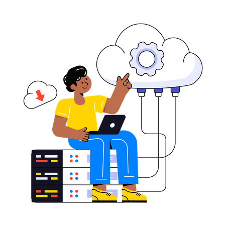 Young man work on Cloud Hosting Illustration