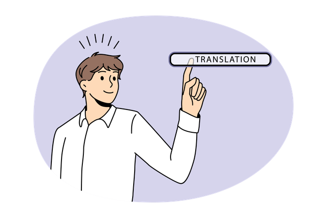 Young man worker choosing translation in search bar on virtual screen language transcription internet networking  Illustration