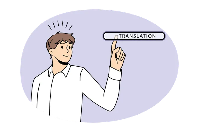 Young man worker choosing translation in search bar on virtual screen language transcription internet networking  Illustration