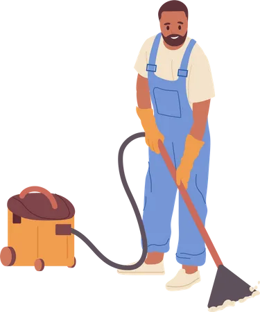 Flat Cartoon Young Man Worker Character In Uniform Of Cleaning Service Vacuuming Floor Isolated On White Background Professional Housekeeping Staff And Janitor Work Duties Vector Illustration Illustration
