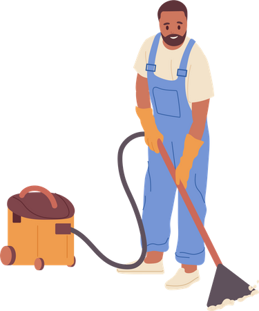 Young man worker vacuuming floor  Illustration