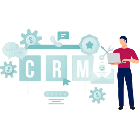 ノートパソコンで CRM について作業している若い男性  イラスト