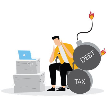 Young man Working hard to earn money to pay off debts  Illustration