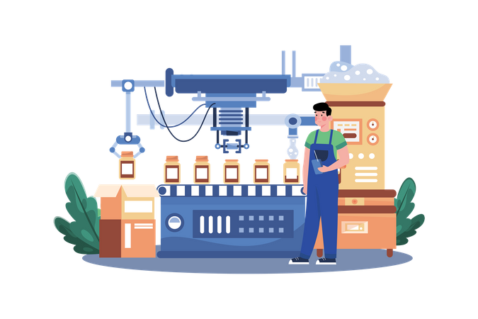 Young Man Working In Automated Production Line Illustration