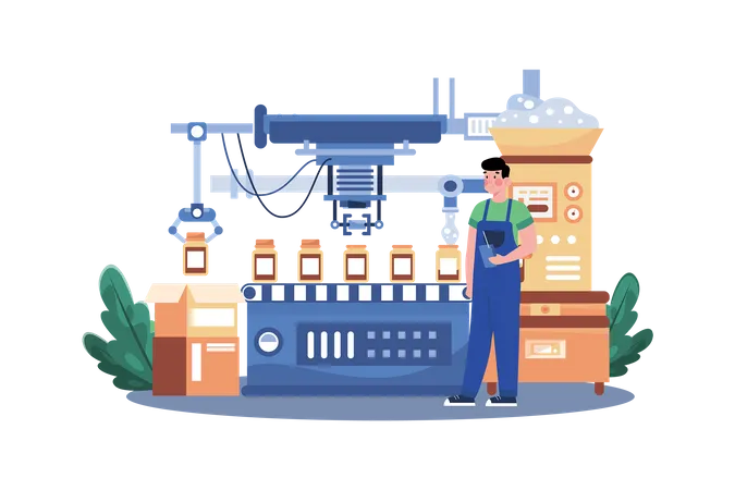 Young Man Working In Automated Production Line Illustration