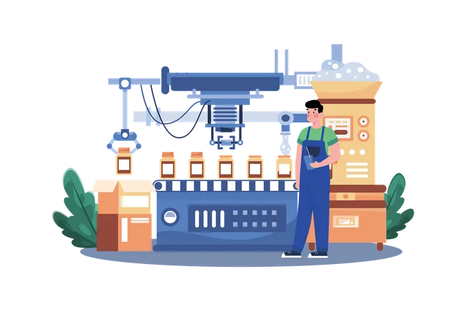 Young Man Working In Automated Production Line  Illustration