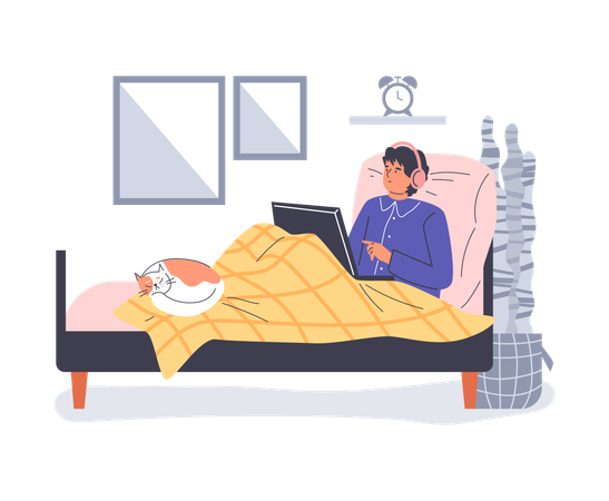 ベッドで仕事をする若い男性  イラスト