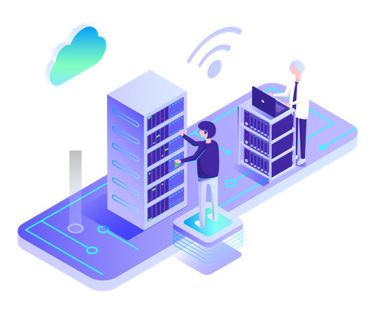 Young man working in server room  Illustration