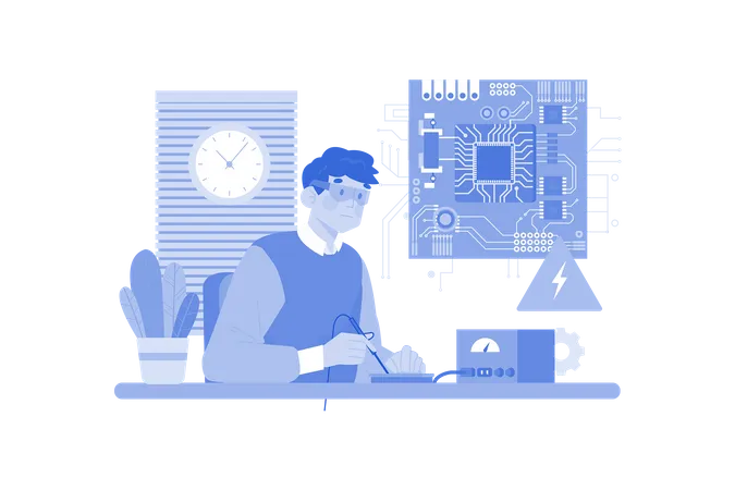 Young Man Working On Ai Circuit  Illustration