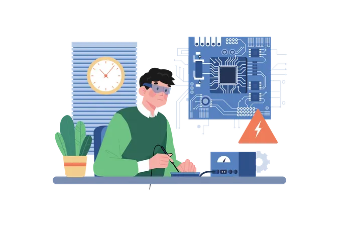 Young Man Working On Ai Circuit  イラスト