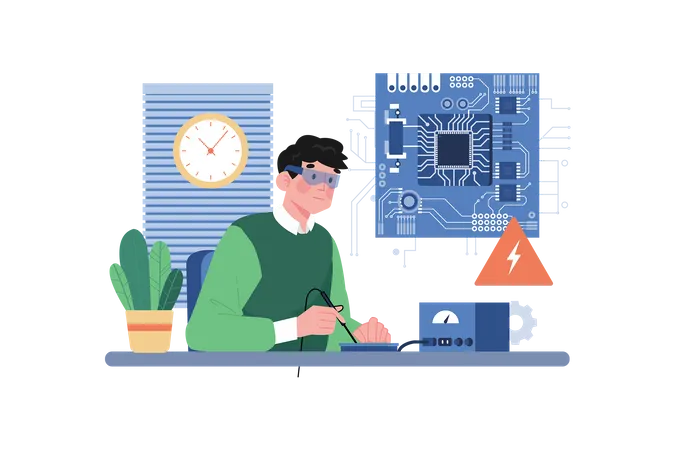 Young Man Working On Ai Circuit  Illustration