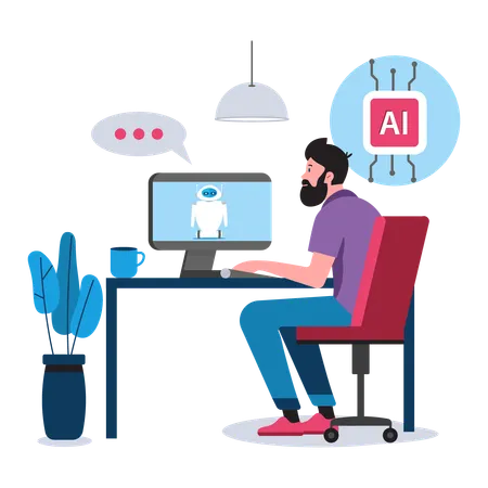 Young man working on ai technology  Illustration