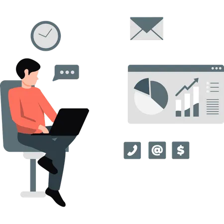 Young man working on analytical graphs  Illustration