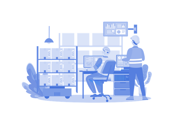 Young Man Working On Automated Warehouse Management  Illustration