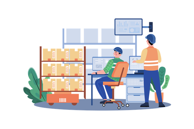 Young Man Working On Automated Warehouse Management Illustration