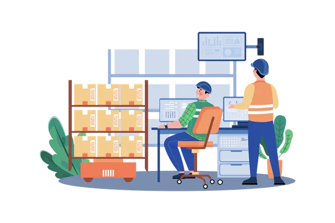 Young Man Working On Automated Warehouse Management Illustration
