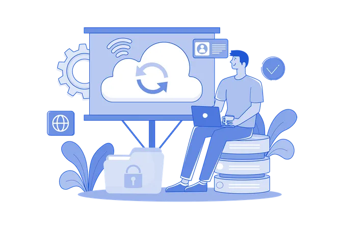 Young Man Working On Cloud Computing  Illustration