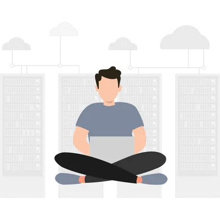 Young man working on cloud server Illustration