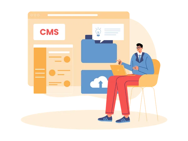 Young man working on CMS system  Illustration