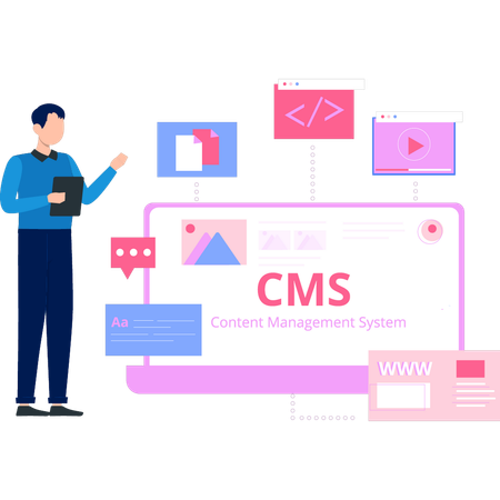 Young man working on CMS system  Illustration