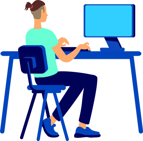 Young Man Working On Computer Semi Flat Color Vector Character Sitting Figure Full Body Person On White Remote Job Simple Cartoon Style Illustration For Web Graphic Design And Animation Illustration