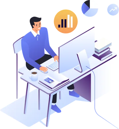 Young man working on computer while making business report  Illustration