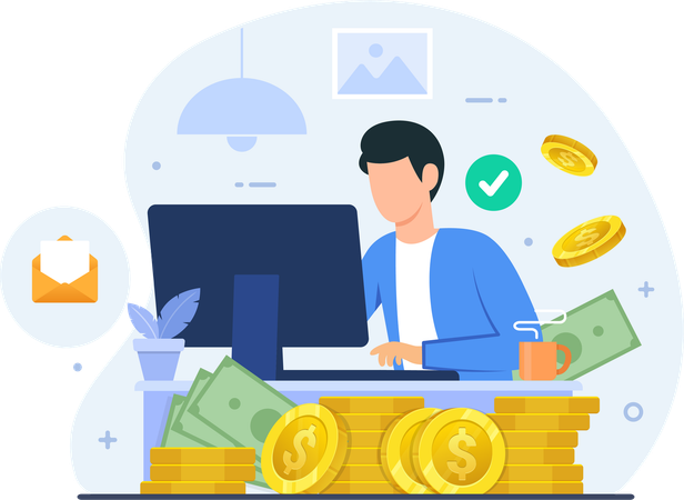 コンピューターで作業しながらオンラインでお金を稼ぐ若い男性  イラスト