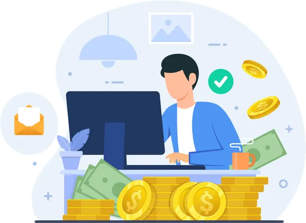 コンピューターで作業しながらオンラインでお金を稼ぐ若い男性  イラスト
